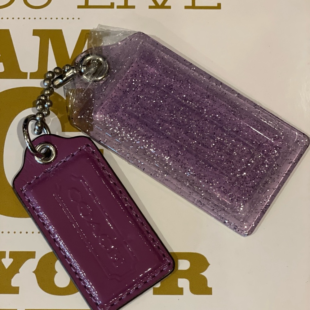 COACH EUC Poppy Purple Patent Leather AND Purple Clear Sparkle Hangtag Set Of 2 - Picture 1 of 9